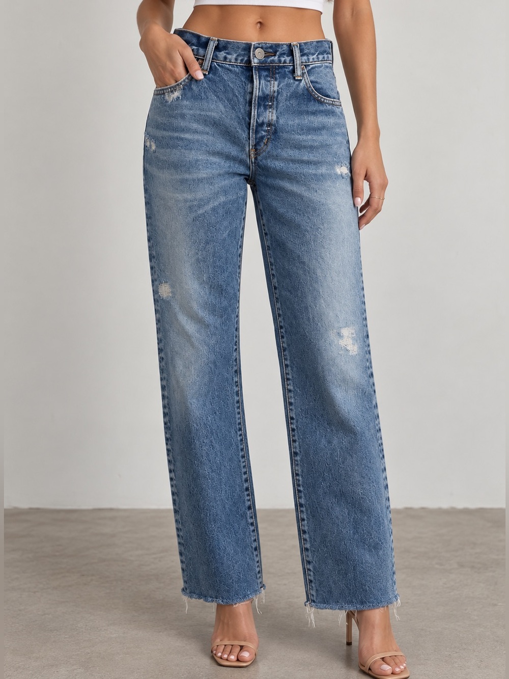MOUSSY VINTAGE MV Sundown Straight Distressed Raw Hem Jeans Blue Size 26
